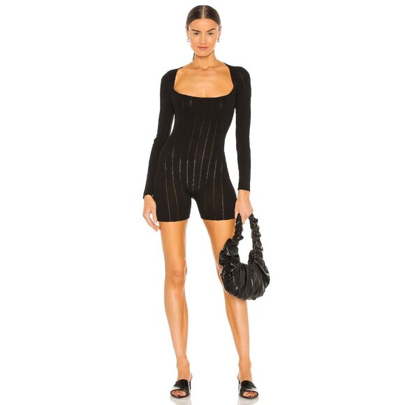 Aya Muse Fiona Ribbed Knit Romper Black Long Sleeve Stretch Minimalist Crafted i - Picture 1 of 9